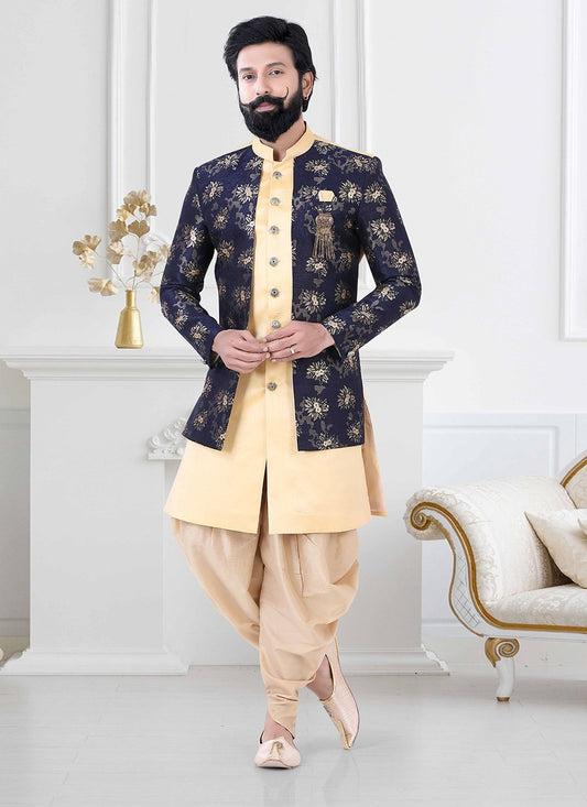 Indo Western Jacquard Silk Blue Cream Embroidered Mens