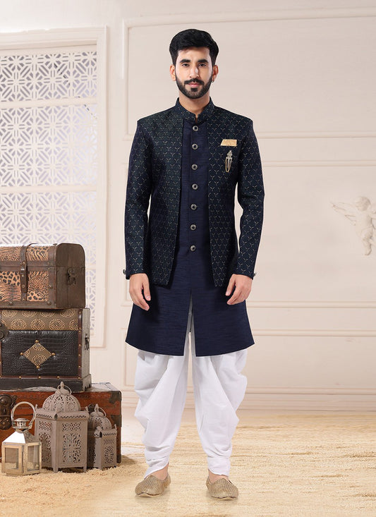 Indo Western Sherwani Jacquard Silk Blue Green Embroidered Mens