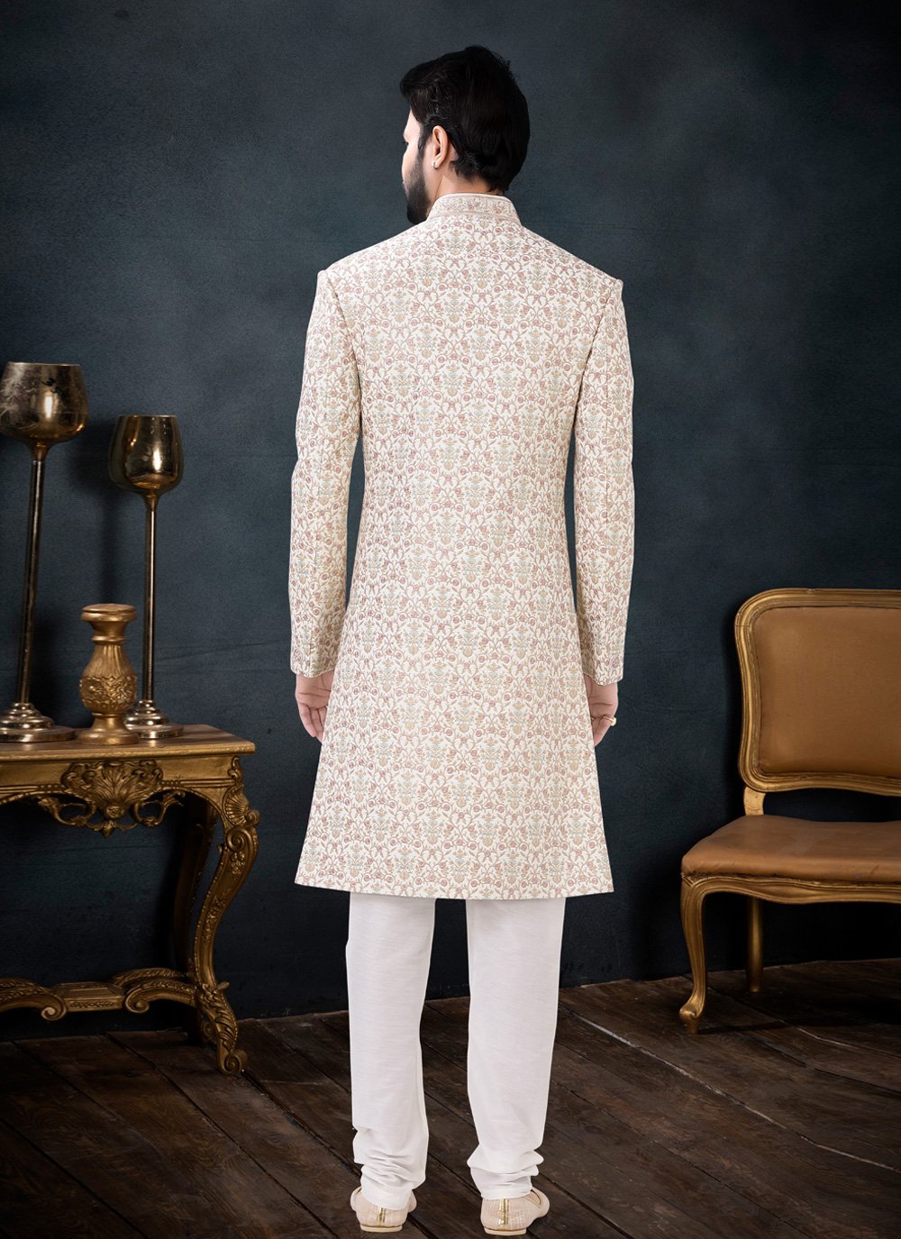 Indo Western Sherwani Silk Cream Embroidered Mens