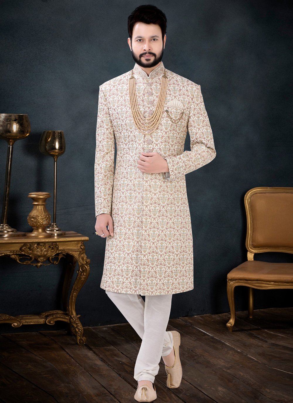 Indo Western Sherwani Silk Cream Embroidered Mens