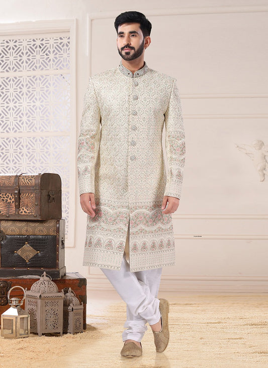 Indo Western Sherwani Silk Cream Embroidered Mens