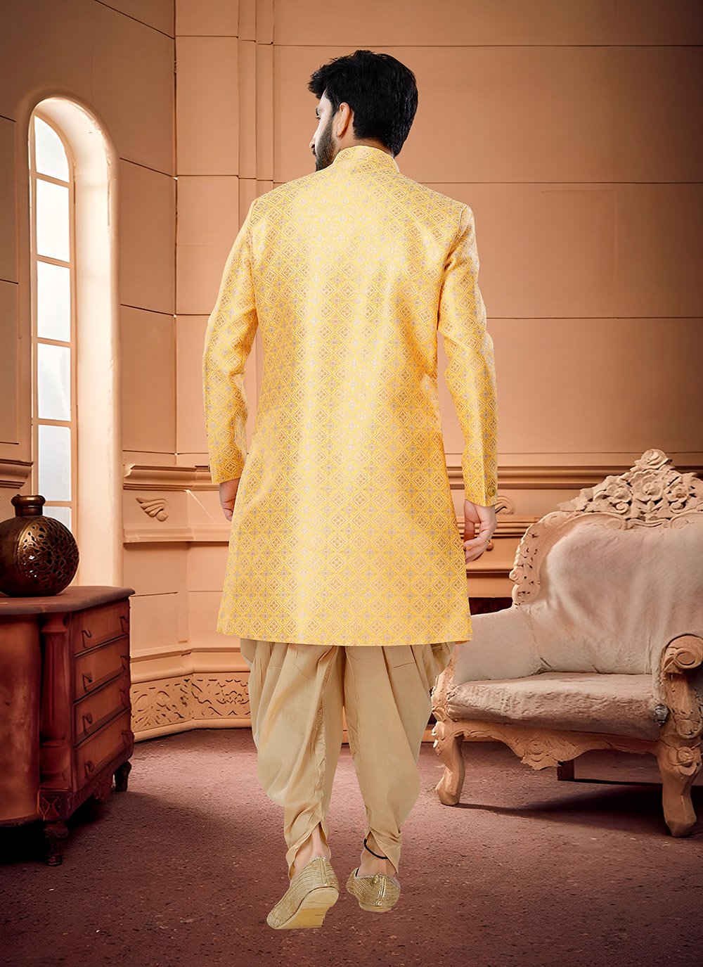 Indo Western Sherwani Silk Gold Fancy Work Mens