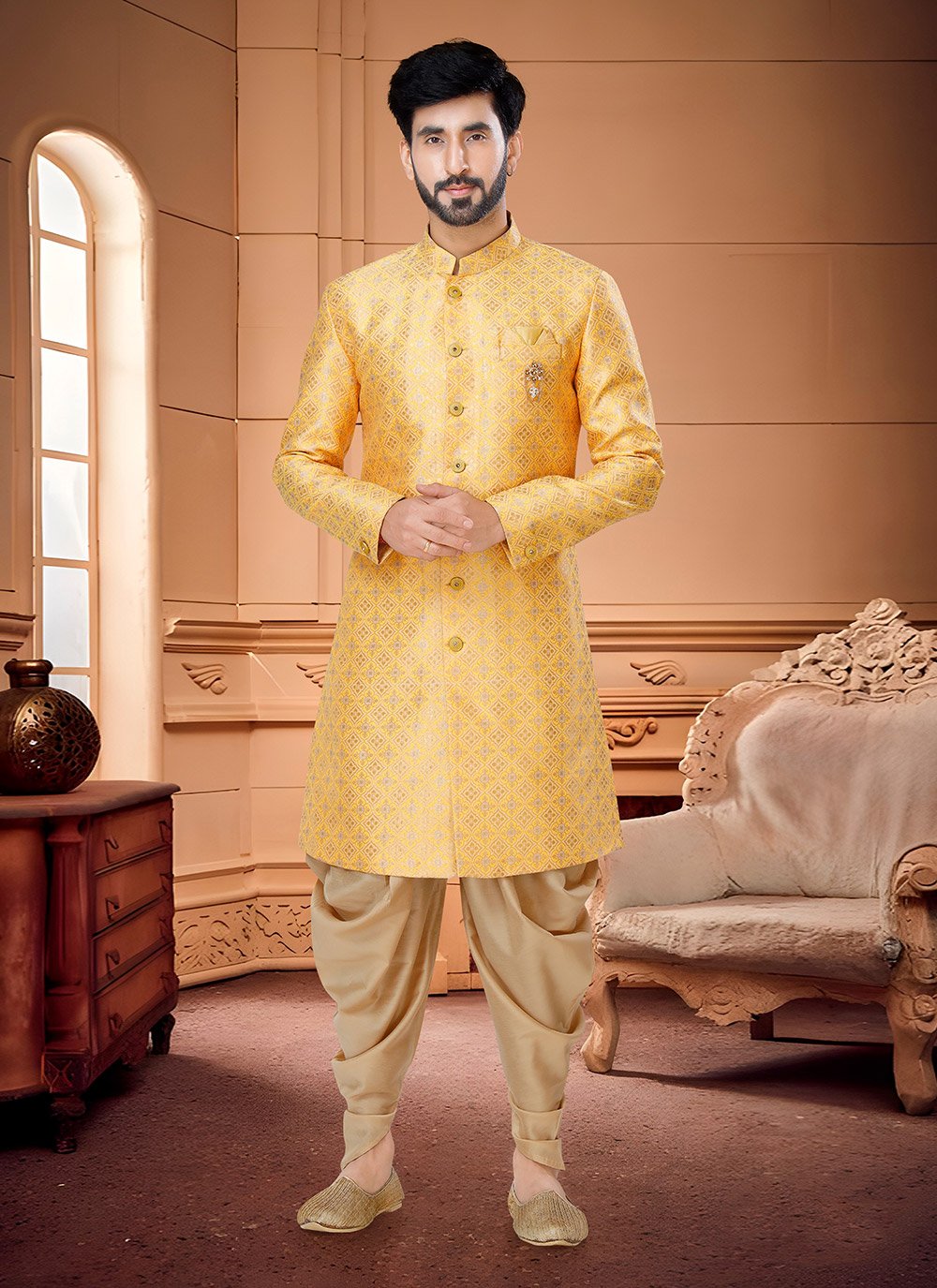 Indo Western Sherwani Silk Gold Fancy Work Mens