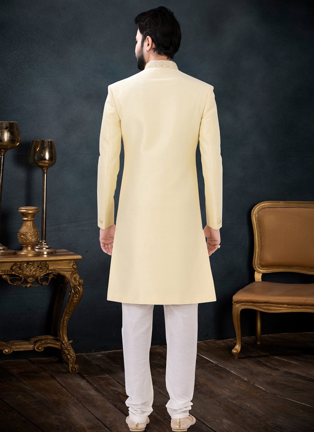 Indo Western Sherwani Silk Yellow Embroidered Mens