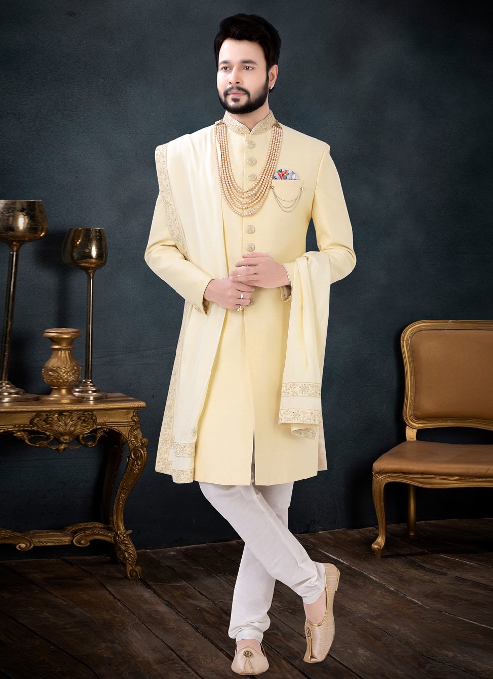 Indo Western Sherwani Silk Yellow Embroidered Mens