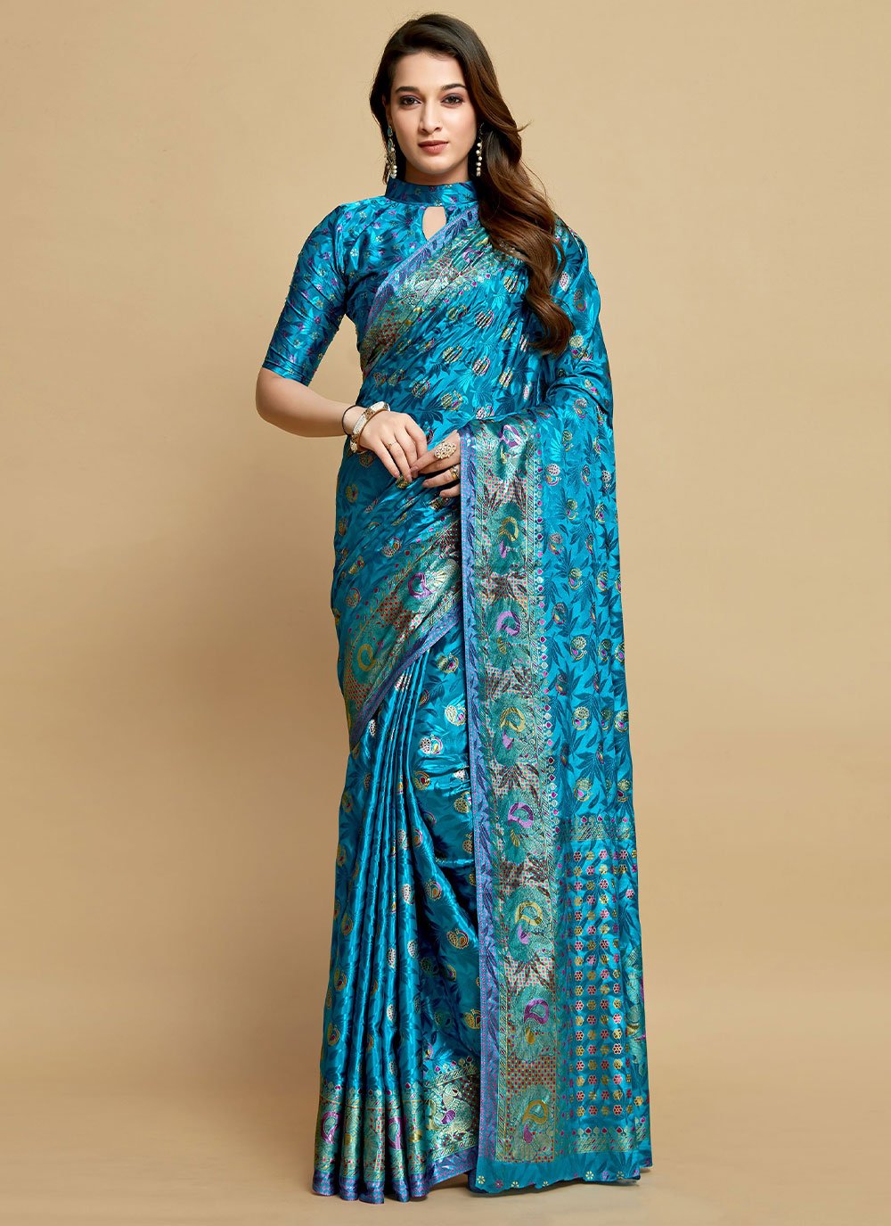 Classic Silk Aqua Blue Jacquard Work Saree