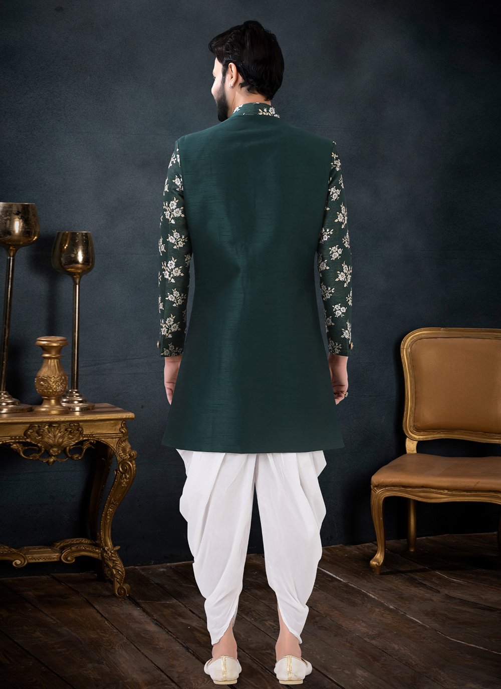 Indo Western Sherwani Jacquard Silk Green Jacquard Work Mens