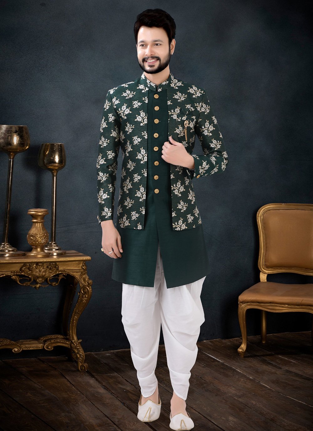 Indo Western Sherwani Jacquard Silk Green Jacquard Work Mens