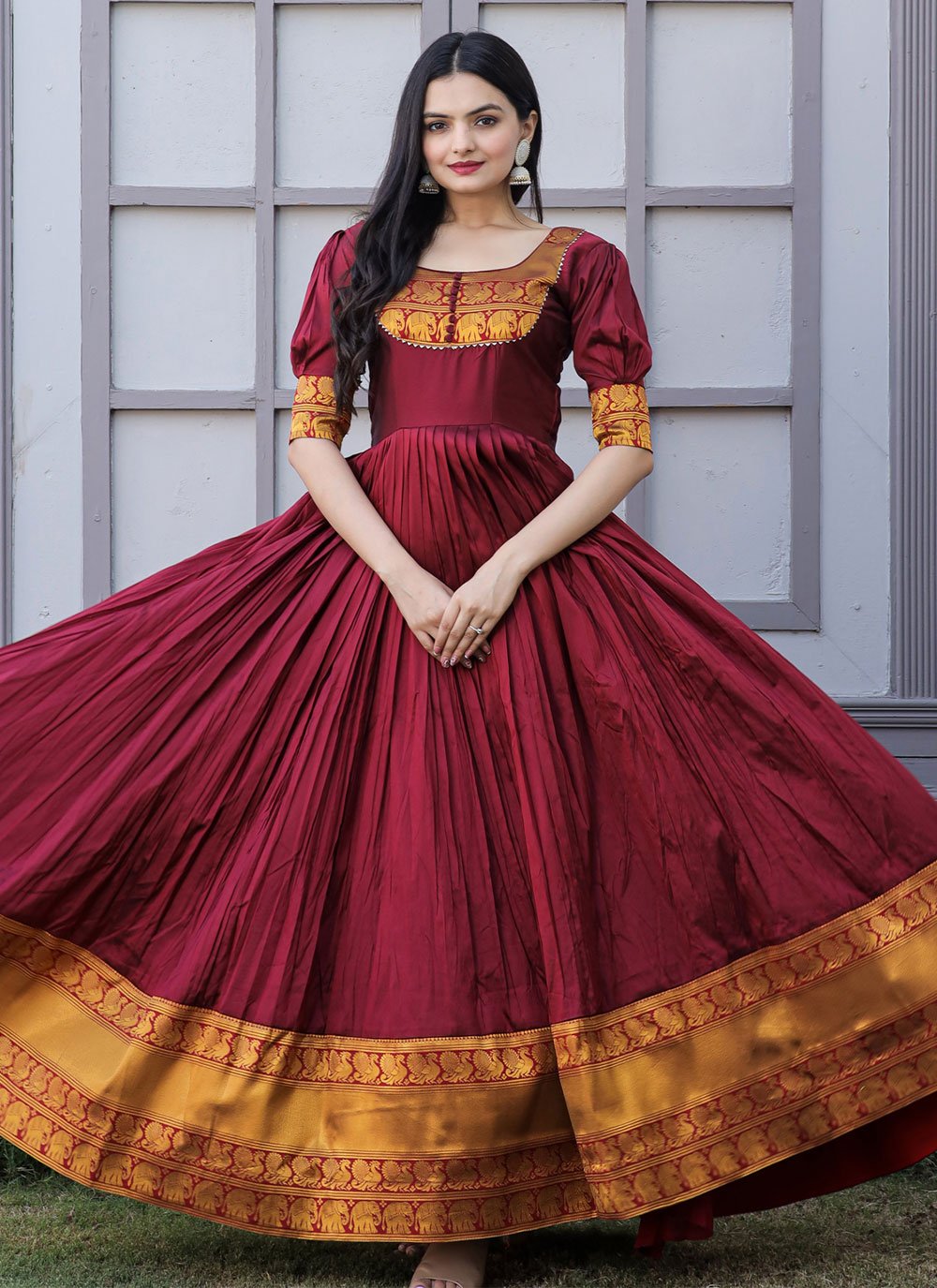 Gown Silk Maroon Jacquard Work Gown