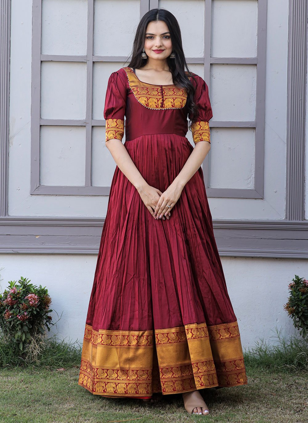 Gown Silk Maroon Jacquard Work Gown