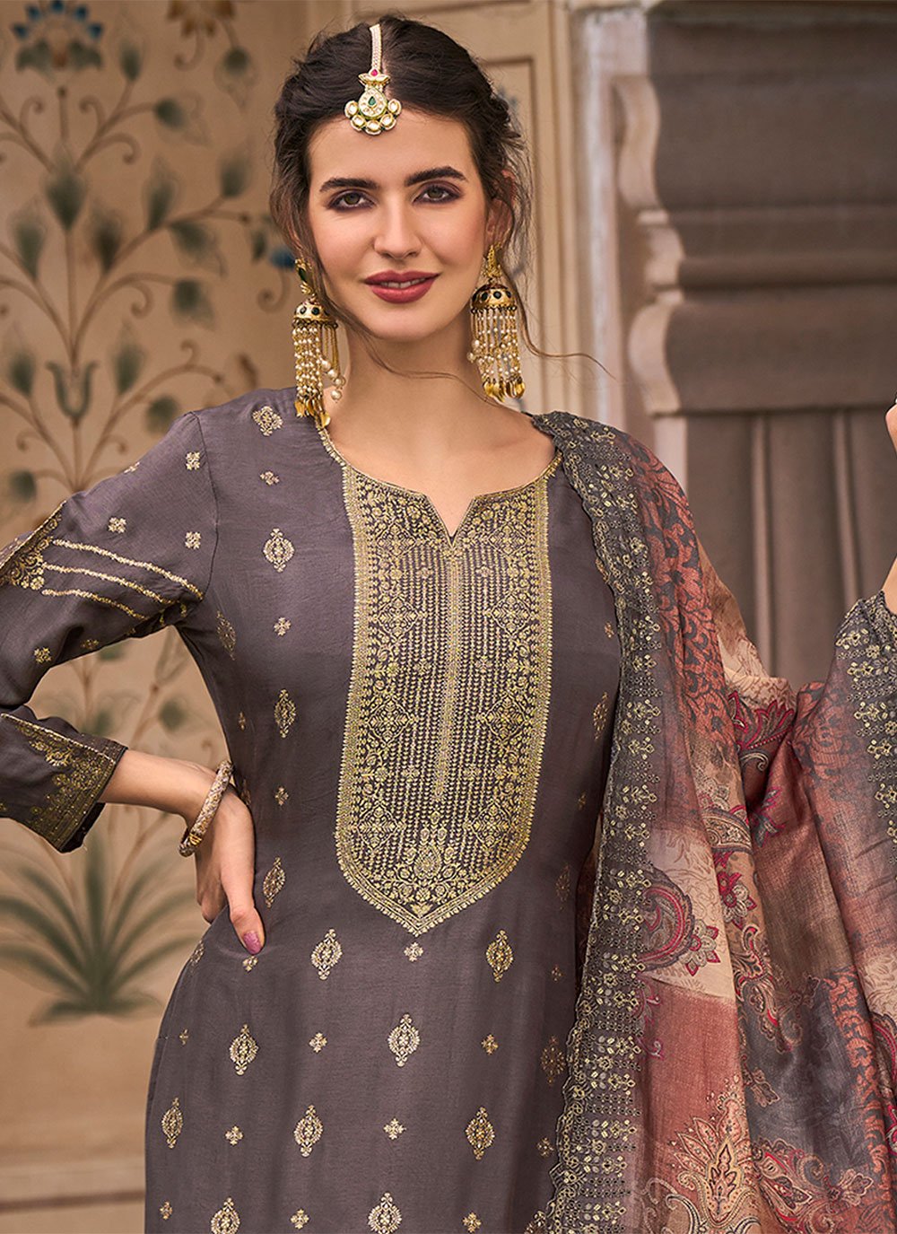Salwar Suit Silk Grey Jacquard Work Salwar Kameez