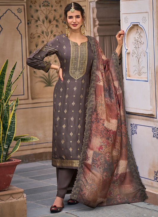 Salwar Suit Silk Grey Jacquard Work Salwar Kameez