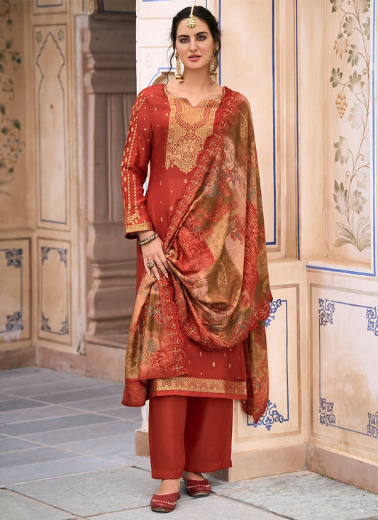 Salwar Suit Silk Rust Jacquard Work Salwar Kameez