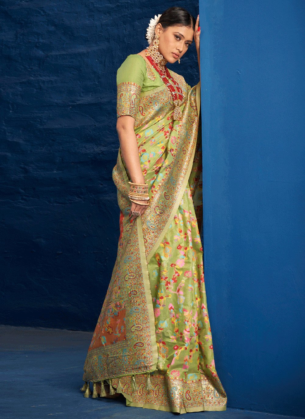 Traditional Saree Silk Green Kashmiri Saree