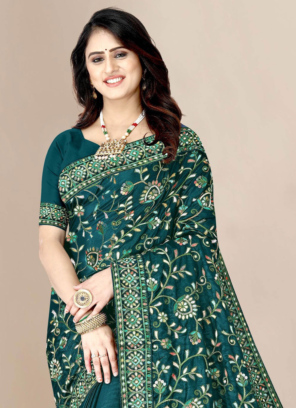 Trendy Saree Silk Teal Embroidered Saree