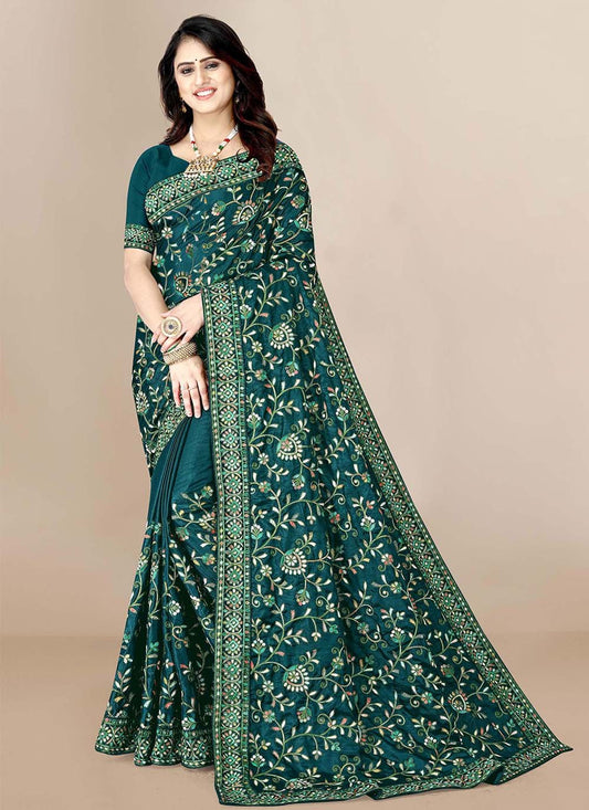 Trendy Saree Silk Teal Embroidered Saree