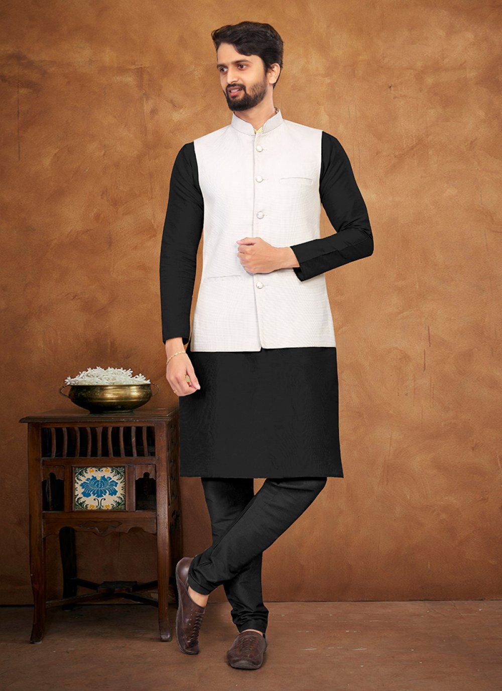 Kurta Payjama With Jacket Silk Black White Fancy Work Mens