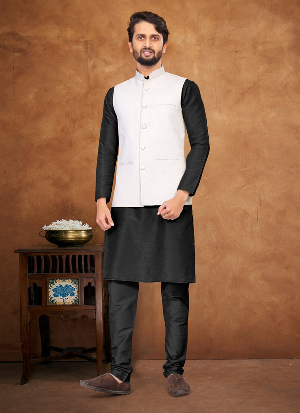 Kurta Payjama With Jacket Silk Black White Fancy Work Mens