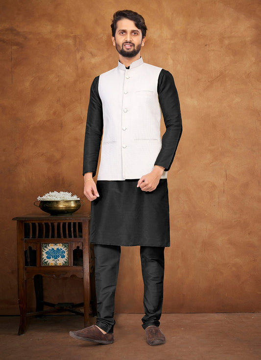 Kurta Payjama With Jacket Silk Black White Fancy Work Mens