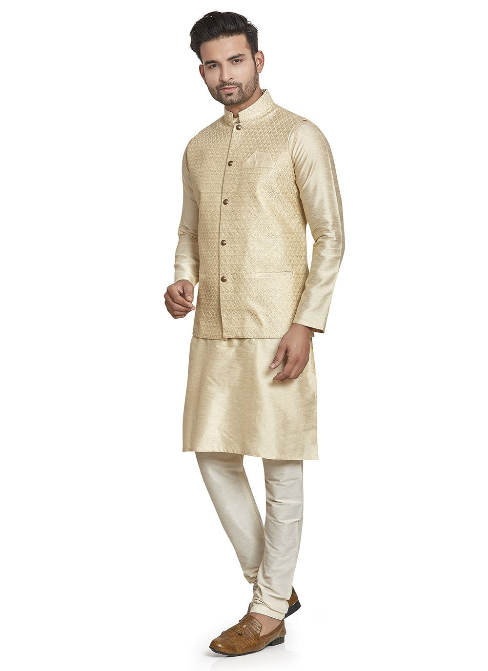 Kurta Payjama With Jacket Silk Cream Embroidered Mens