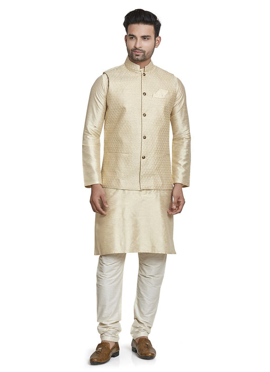 Kurta Payjama With Jacket Silk Cream Embroidered Mens