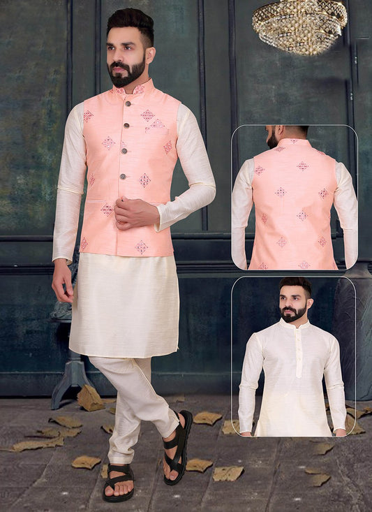 Kurta Payjama With Jacket Silk Cream Pink Embroidered Mens