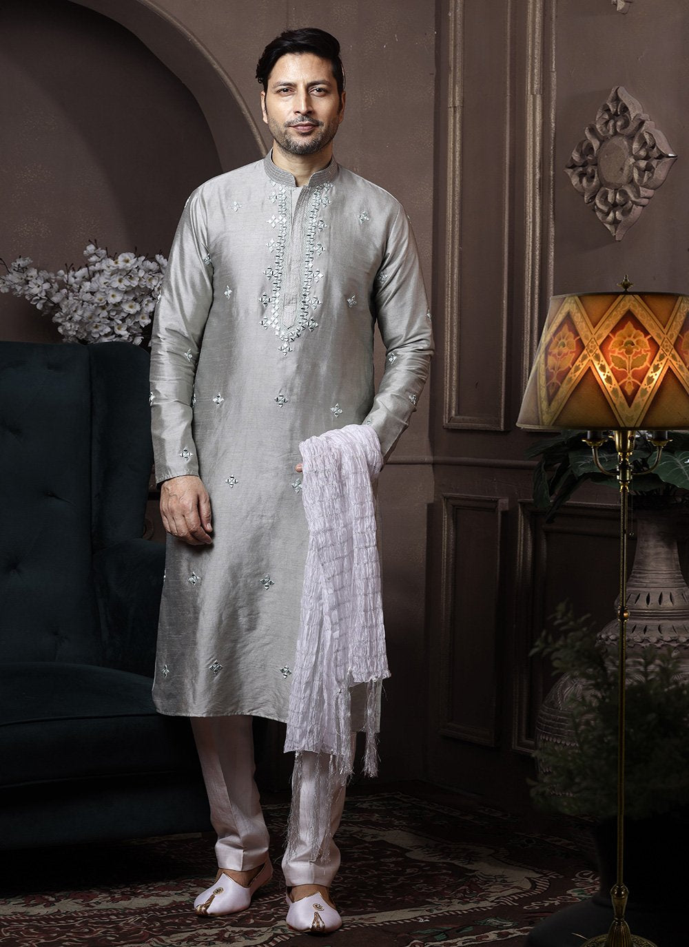 Kurta Pyjama Silk Grey Embroidered Mens