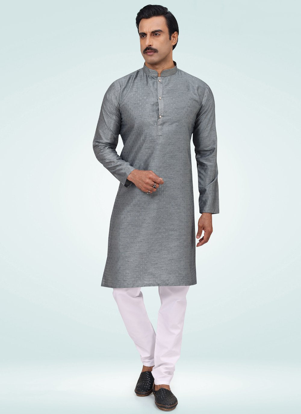 Kurta Pyjama Silk Grey Fancy Work Mens