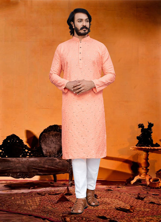 Kurta Pyjama Silk Peach Embroidered Mens