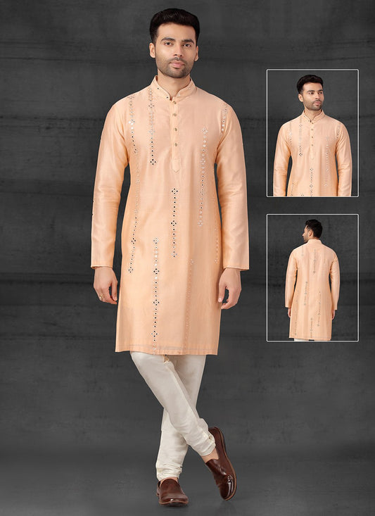 Kurta Pyjama Silk Peach Embroidered Mens