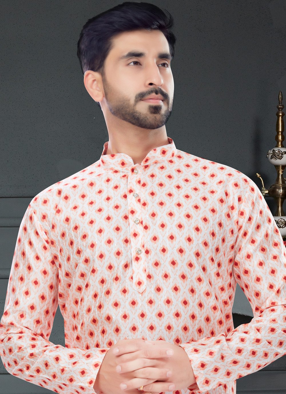 Kurta Pyjama Silk Pink Digital Print Mens