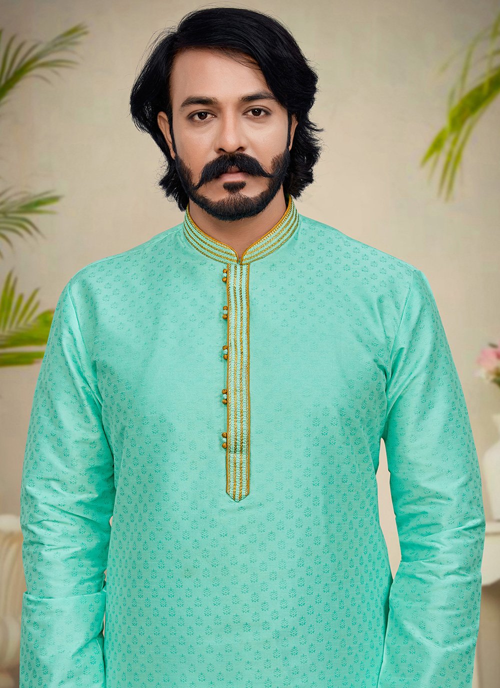 Kurta Pyjama Silk Turquoise Fancy Work Mens