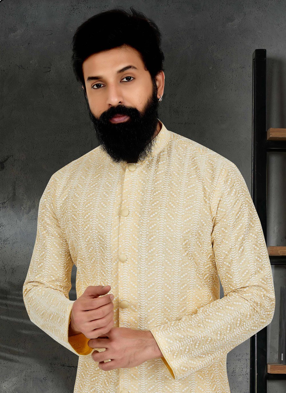 Kurta Pyjama Silk Yellow Embroidered Mens