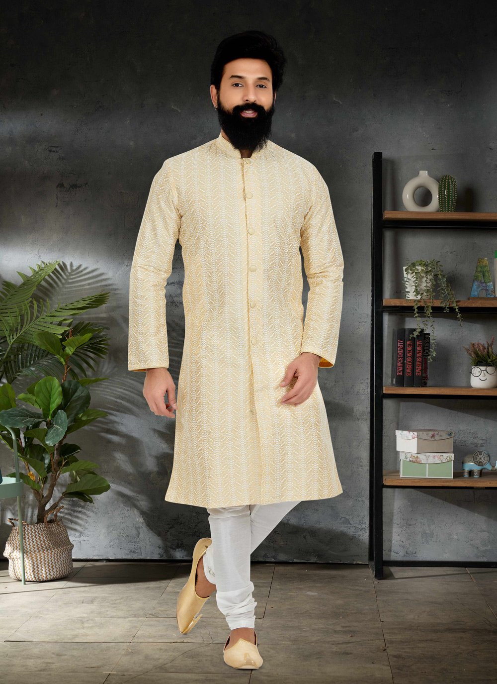 Kurta Pyjama Silk Yellow Embroidered Mens