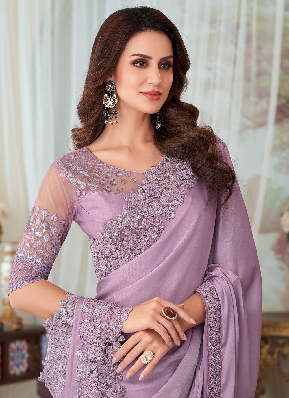 Contemporary Silk Lavender Embroidered Saree