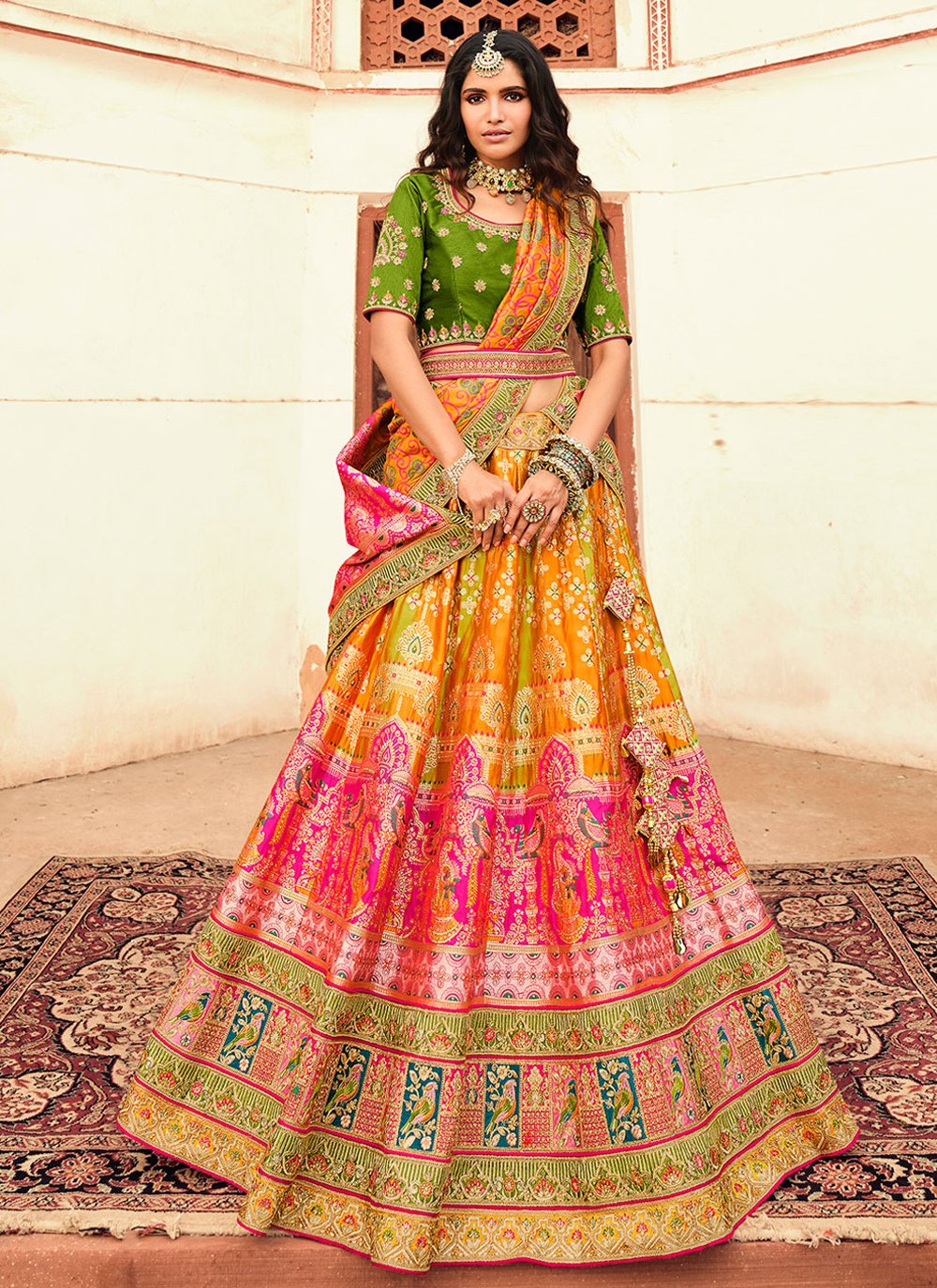 Lehenga Choli Silk Orange Pink Embroidered Lehenga Choli