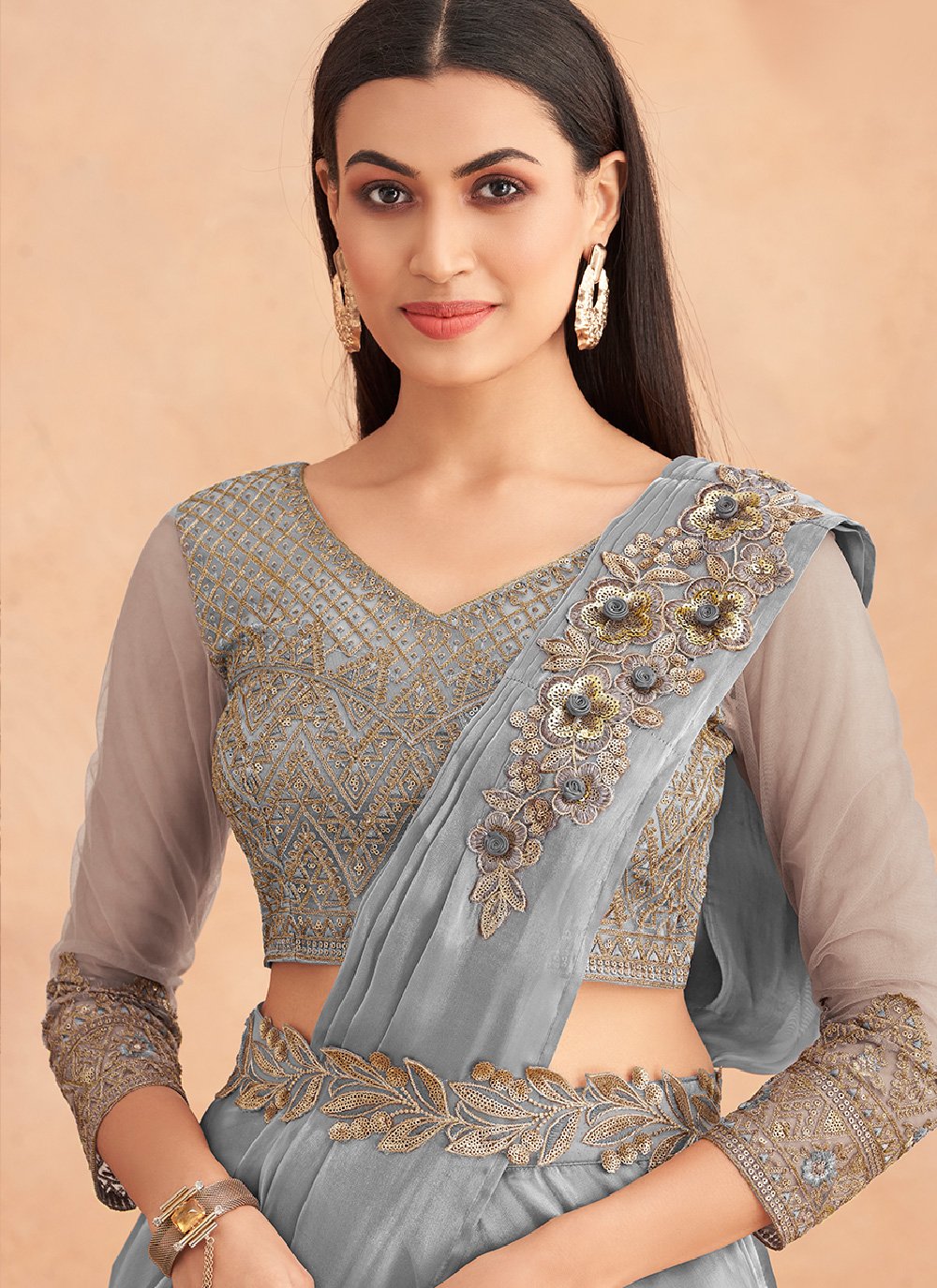 Lehenga Style Saree Silk Grey Embroidered Saree