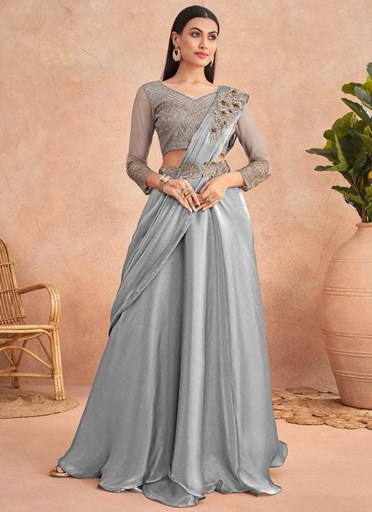 Lehenga Style Saree Silk Grey Embroidered Saree