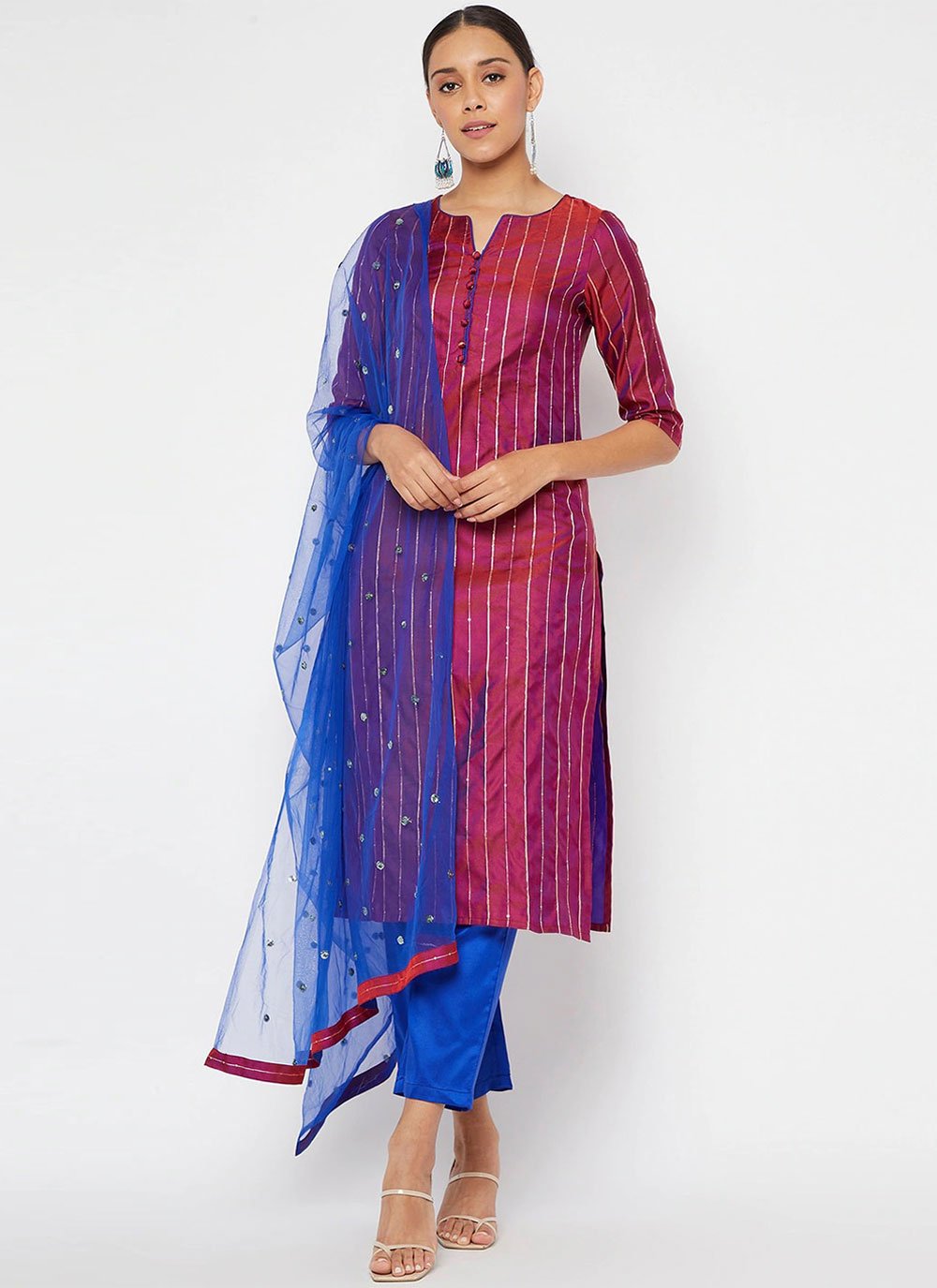 Salwar Suit Silk Magenta Strips Print Salwar Kameez