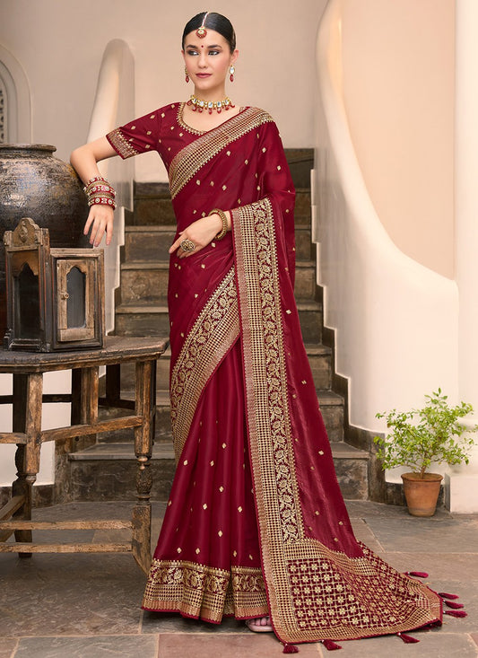 Contemporary Silk Maroon Embroidered Saree