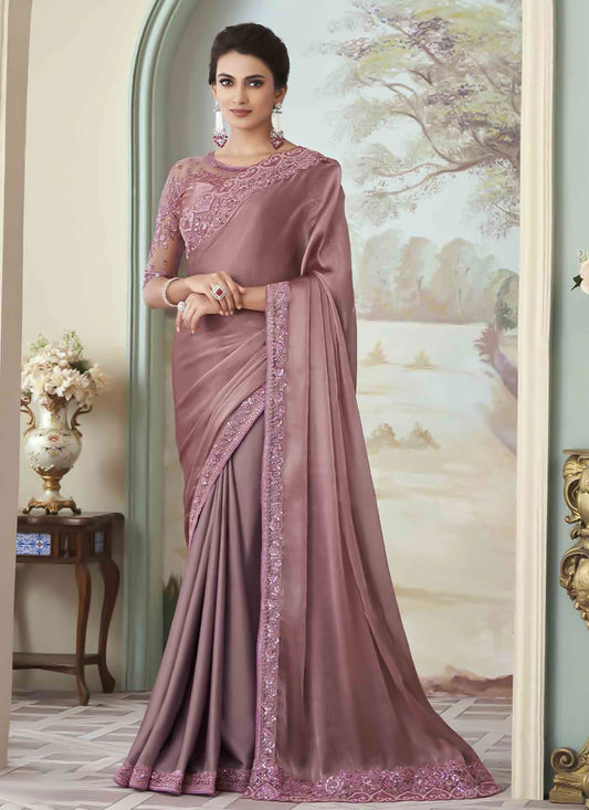 Classic Silk Mauve Embroidered Saree