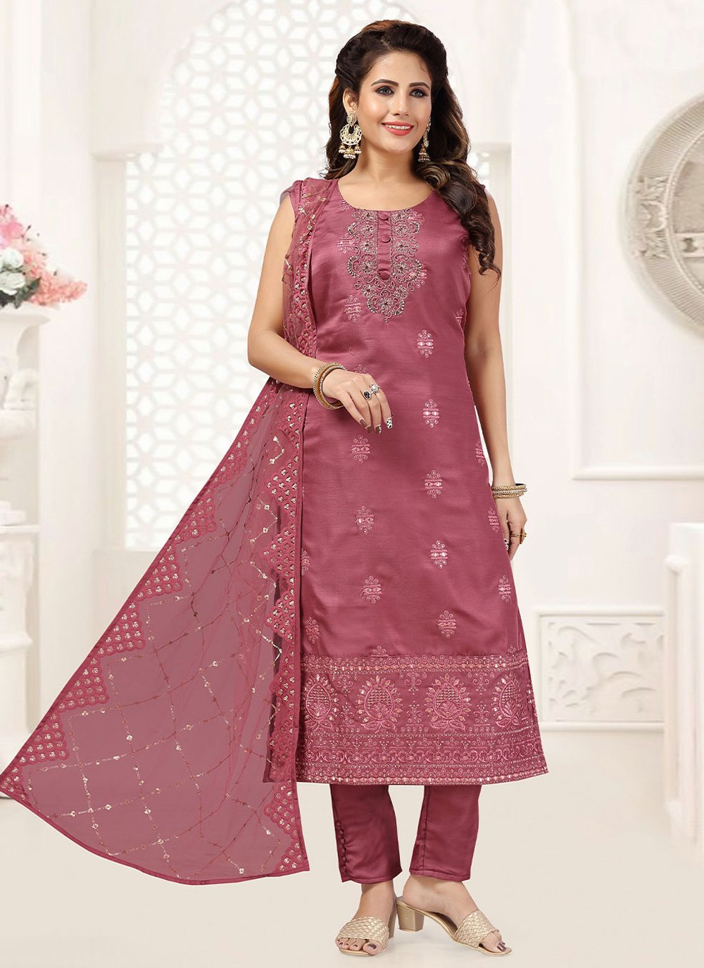 Straight Salwar Suit Silk Mauve Embroidered Salwar Kameez