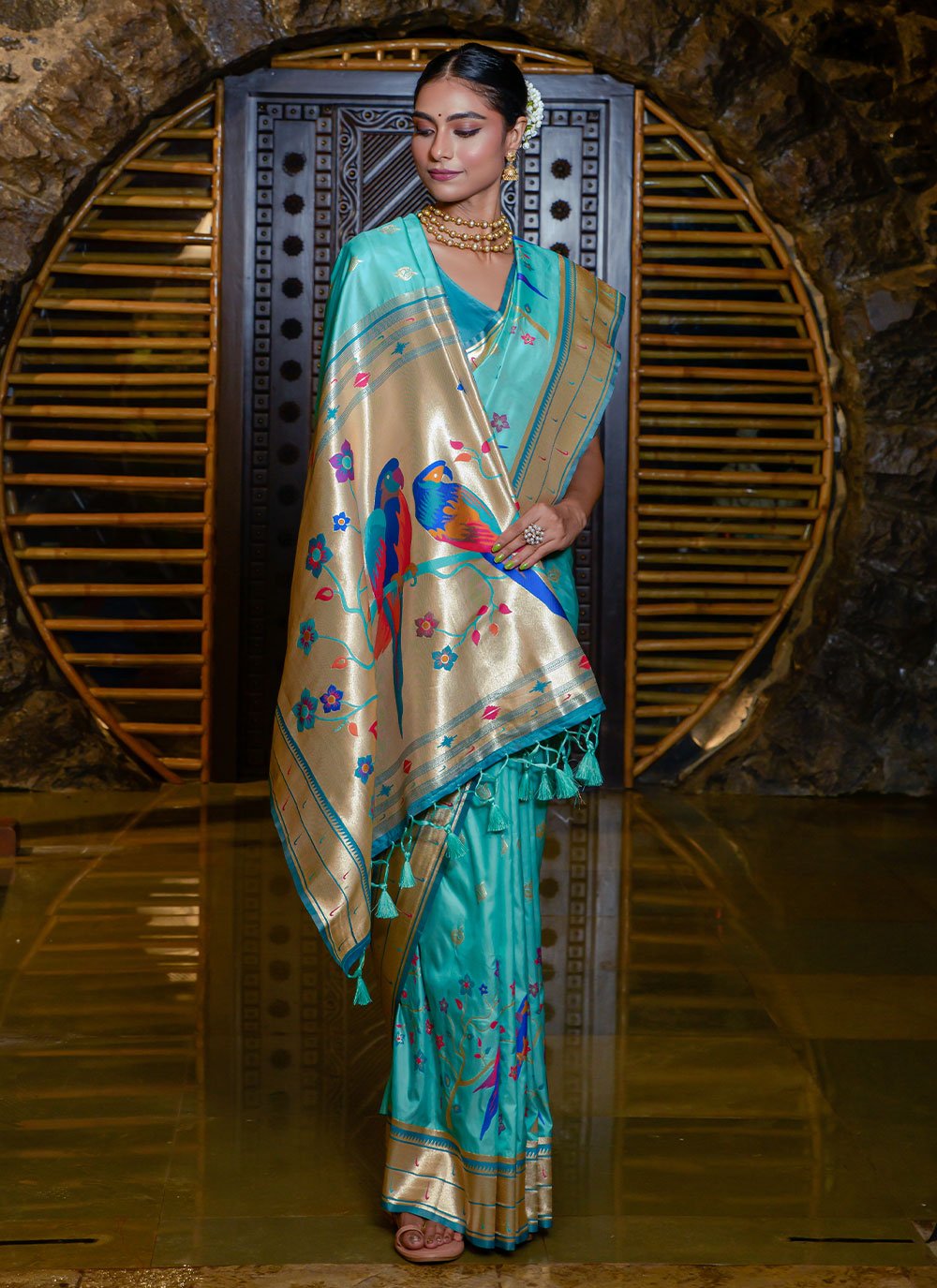 Classic Silk Aqua Blue Meenakari Saree