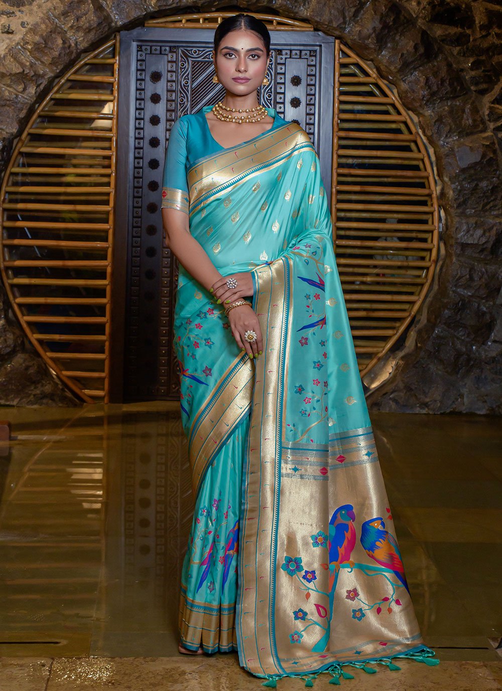 Classic Silk Aqua Blue Meenakari Saree