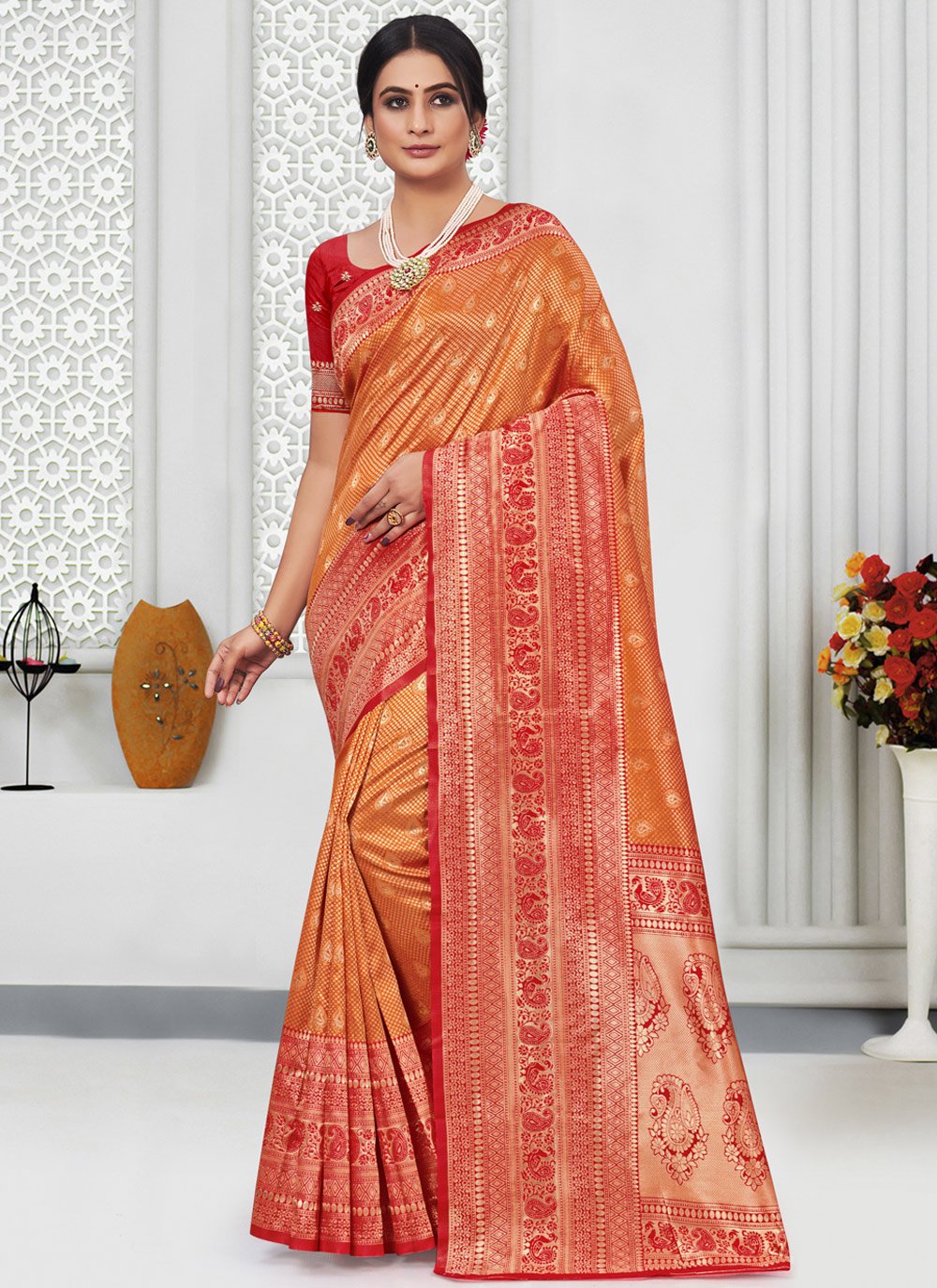 Casual Silk Orange Weaving Saree