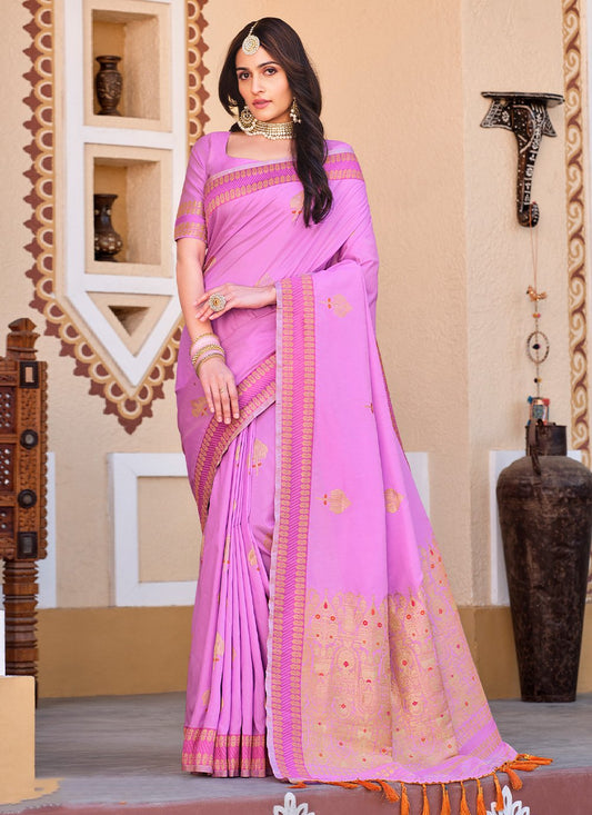 Classic Silk Lavender Patch Border Saree