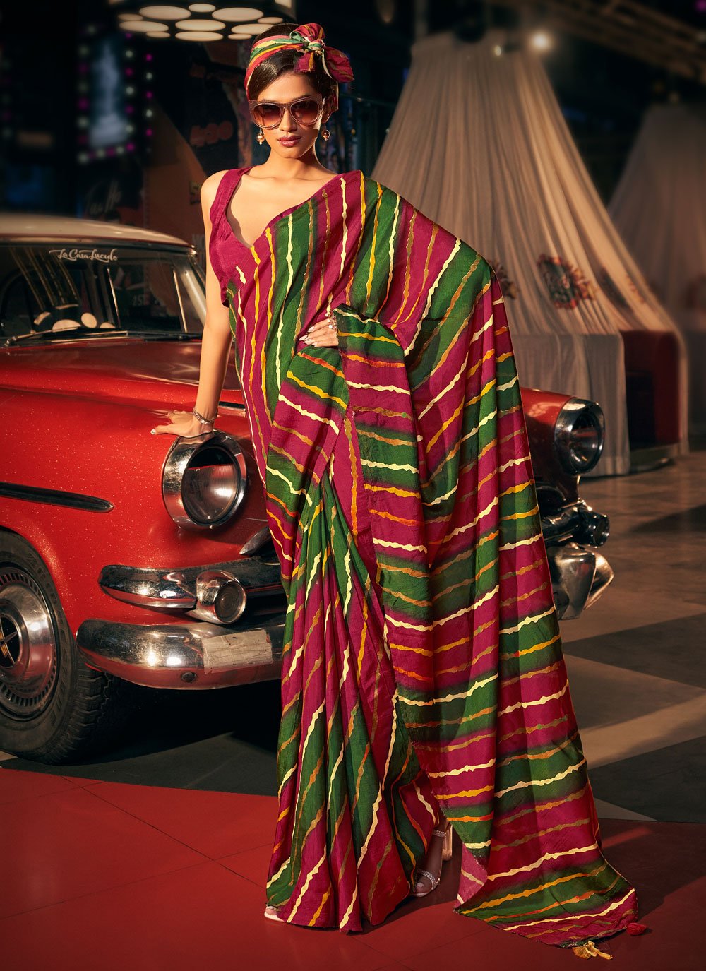 Contemporary Pure Dola Silk Green Maroon Digital Print Saree