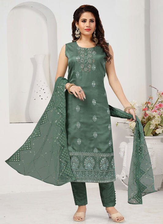 Pant Style Suit Silk Sea Green Embroidered Salwar Kameez