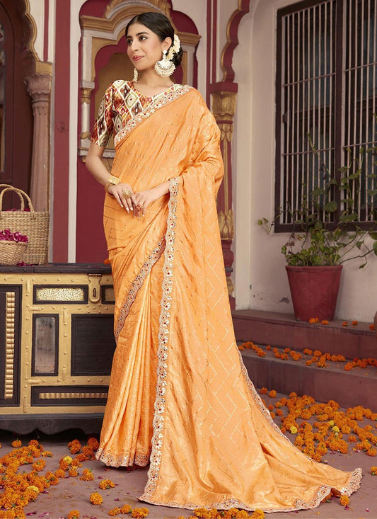 Classic Silk Orange Foil Print Saree