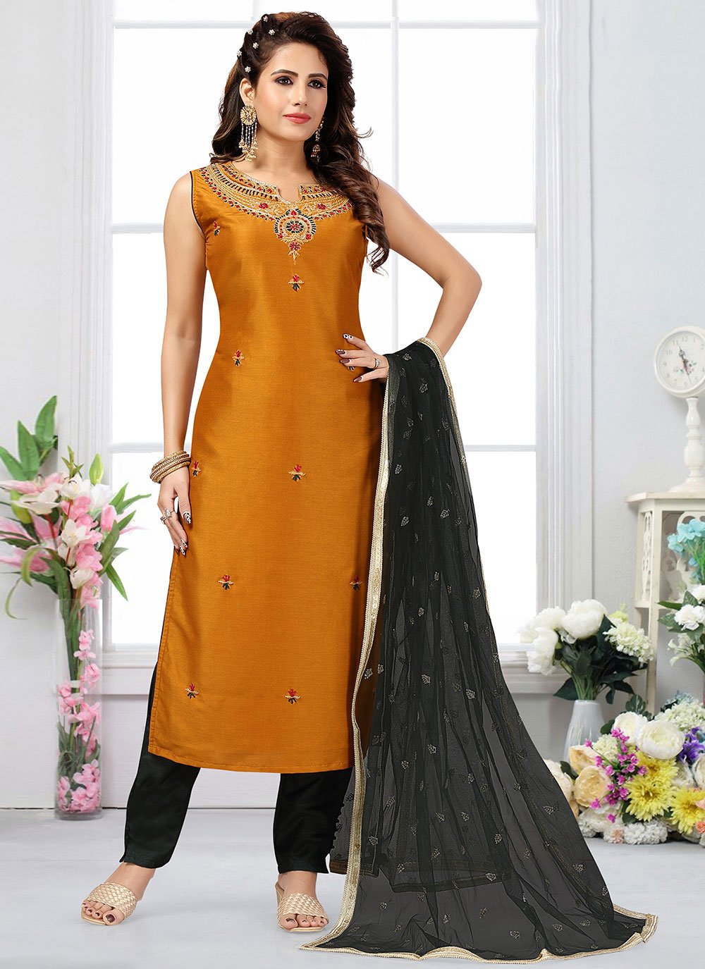 Straight Salwar Suit Silk Mustard Embroidered Salwar Kameez